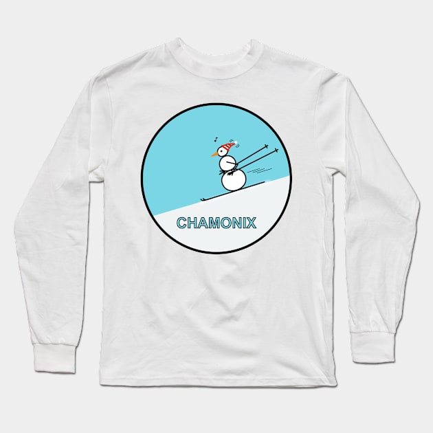 Frosty the Snowman skiing in Chamonix Long Sleeve T-Shirt by Musings Home Decor